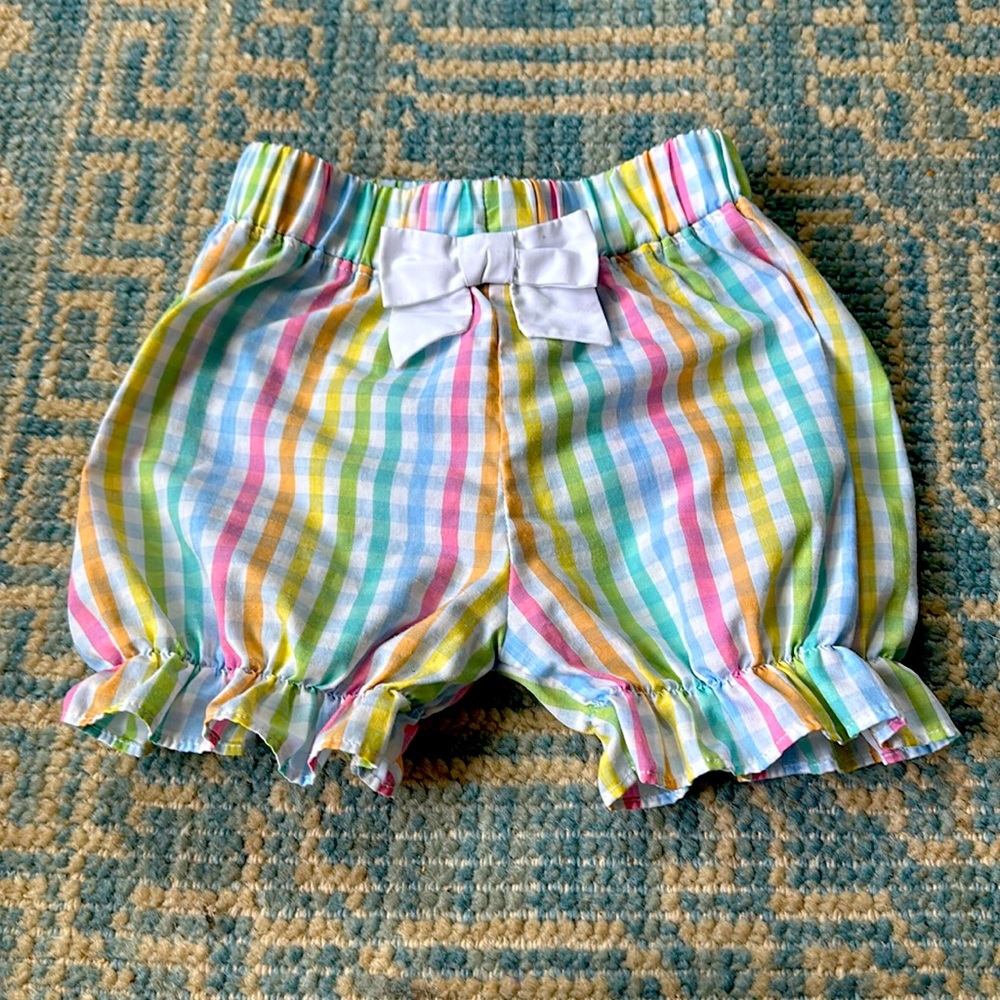 The Beaufort Bonnet Company Pastel Rainbow Gingham Bloom Shorts with White Bow